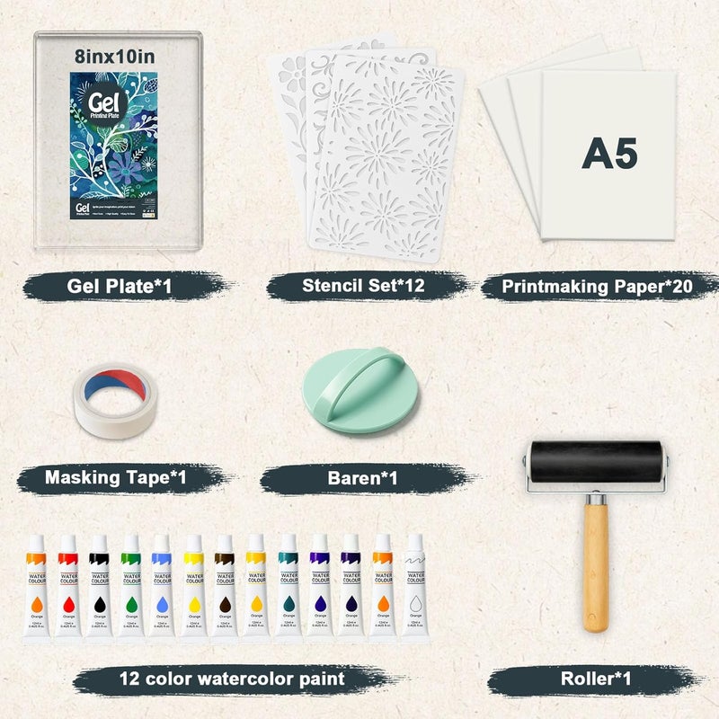 DINGSEN Gel Printing Plate Kit, Complete Printmaking Set with 8” X10” Gel Plate, Brayer, Watercolor Paints, A4 Printmaking Paper, and Essential Tools for Mixed Media Art, Monoprinting, Card Making - Image 3